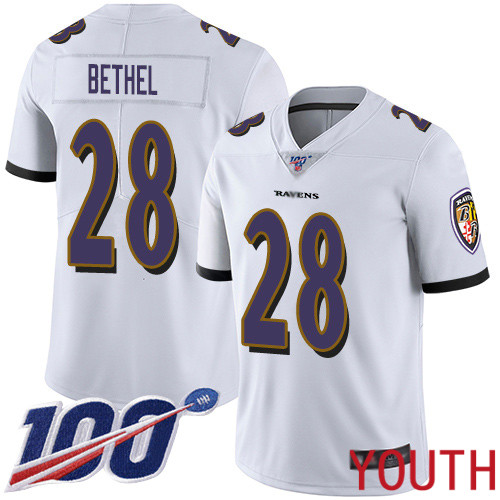 Baltimore Ravens Limited White Youth Justin Bethel Road Jersey NFL Football 28 100th Season Vapor Untouchable